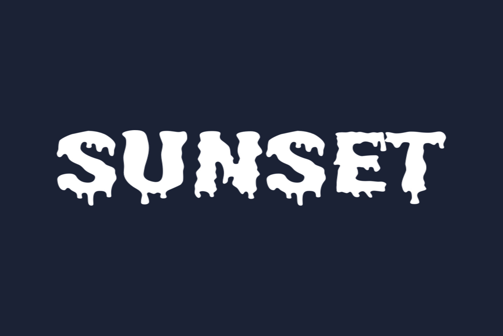 The word SUNSET in white dripping horror-movie letters on navy
